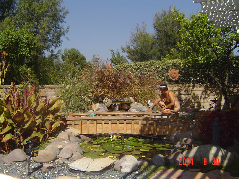 Nudist Photo Gallery - SLOBOY enjoying the Koi fish in his backyard pond. \